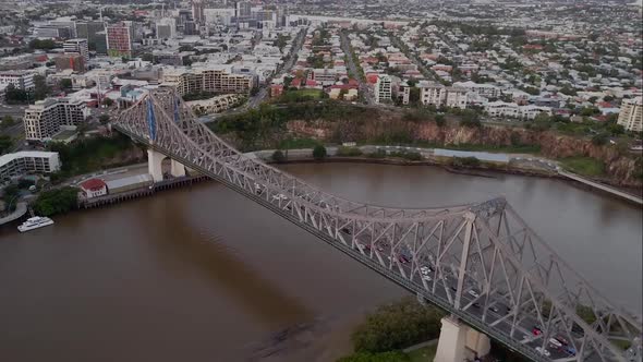 Aerial shot flying over Story Bridge on Brisbane River, Queensland