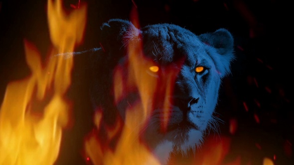 Lioness With Glowing Eyes In Raging Flames