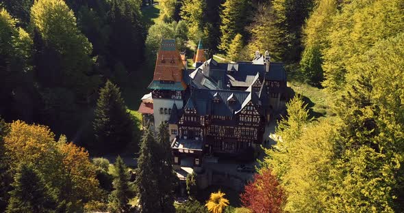 Pelisor Castle In The Romanian Forest Aerial