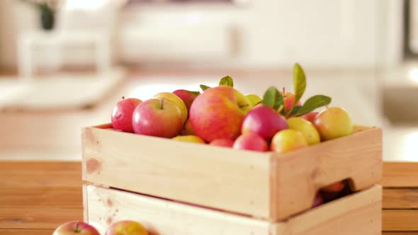 Ripe Apples in Wooden Box on Table 