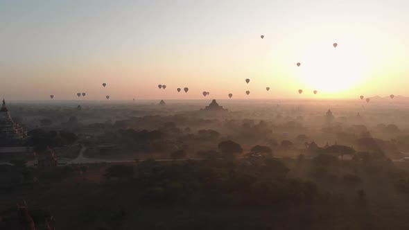 Aerial view of hot balloons in the Old Bagan temple site.