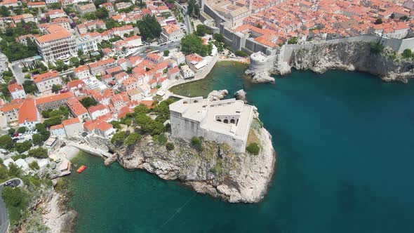 Aerial drone rotating shot of Fort Lovrijenac or St. Lawrence Fortress in Dubrovnik, Croatia with re