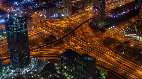 Dubai Scenic Aerial View of Big Highway Intersection Night Time-lapse