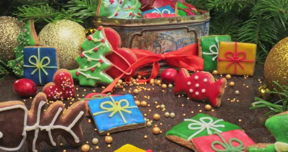 Gingerbread cookies and spruce. Gingerbread treats for Christmas in box.