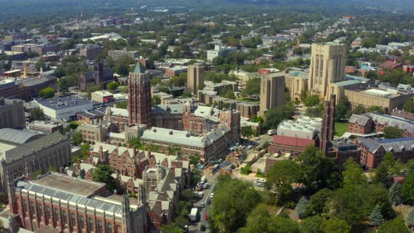 Aerial flying towards Yale University campus