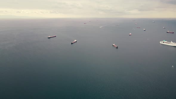aerial view of cargo ships on Marmara Sea in a cold day