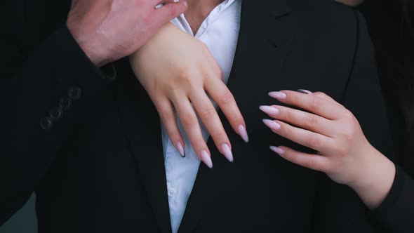 Closeup Studio Shot of Hands of a Caucasian Woman with Beautiful Long Nails and Beautiful Manicure