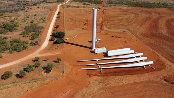 Wind turbine layout during construction phase.  Wind turbine partially constructed.  Wind turbine co