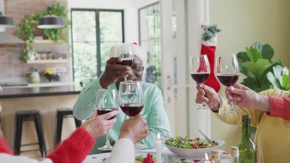 Happy group of diverse senior friends celebrating meal, toasting with vine at christmas time