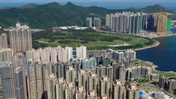 Drone fly over Hong Kong city