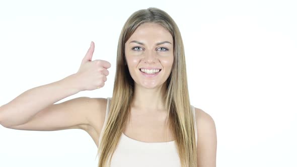 Thumbs Up By Beautiful Woman, White Background