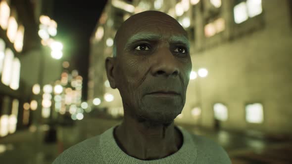 Old Asian Man in Big City at Night alt