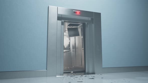 Animation of the modern ruined elevator with a broken mirror.Danger zone.4K HD