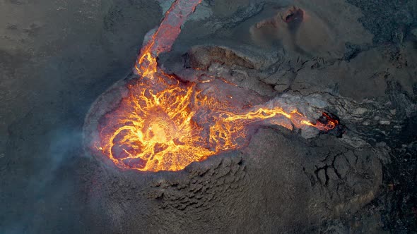 Drone Over Lava Flow From Erupting Fagradalsfjall Volcano In Reykjanes Peninsula Iceland