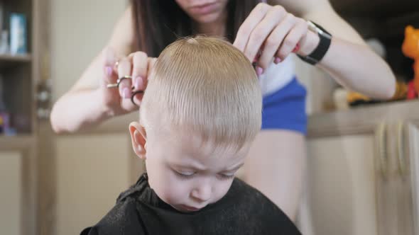 Mom Is Cutting Her Little Son Hair at Home.