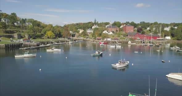 Flying over Rockport Harbor, Maine with sail boats below.