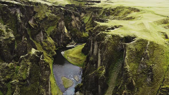 Drone Over Fjaora River And Fjaorargljufur Canyon