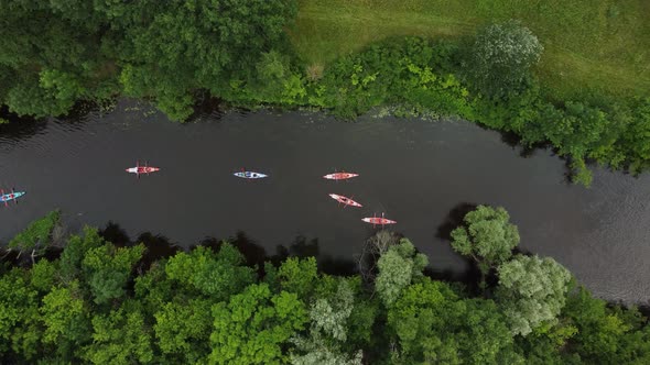 Aerial View of a Group of Kayaks Traveling on a Forest River on a Summer Day