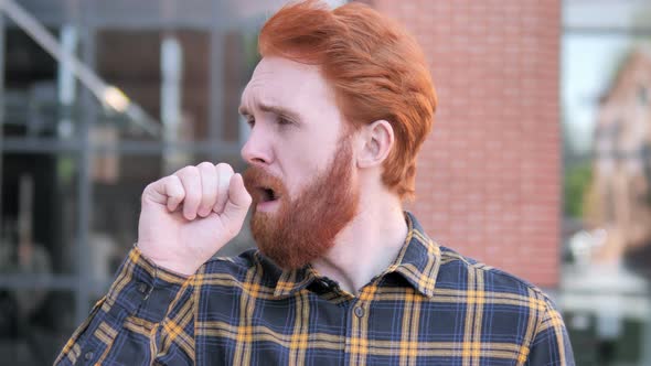 Sick Redhead Beard Young Man Coughing Outdoor