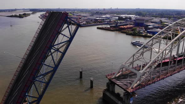 Drawbridge At Dutch River With Ship On Background Over Noord In Alblasserdam In The Netherlands. - S