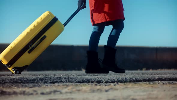 Holiday Vacation Weekend In Winter. Female Leaves After Family Quarrel. Tourist Travelling Mood.