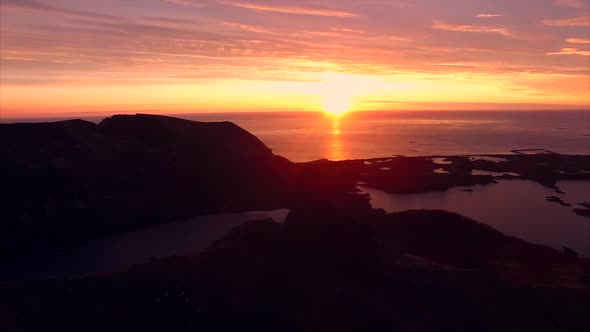 Midnight sun on Vesteralen islands, aerial view
