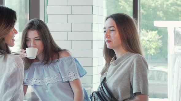 Three Lovely Young Women Chatting Having Coffee Together at the Cafe