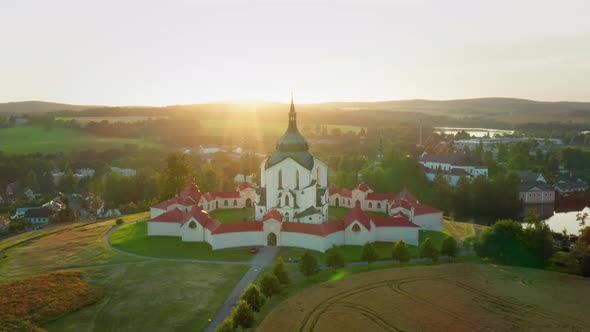 Flying Around the Pilgrimage Church of Saint John of Nepomuk on the Green Hill at Sunset