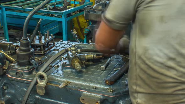 Tractor Engine Assembled on the Factory Production Line on Tractor Factory Timelapse