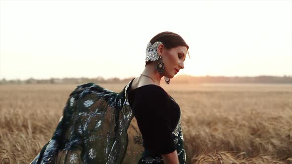 Silhouette of Beautiful Lady Wearing Gorgeous Traditional Dress Performing Bollywood Festival Show