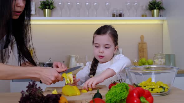 Happy Mother and Daughter Enjoy Prepare Freshly Salad Together in Kitchen