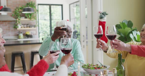 Happy group of diverse senior friends celebrating meal, toasting with vine at christmas time