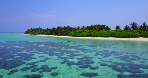 Luxury flying copy space shot of a sunshine white sandy paradise beach and aqua blue ocean backgroun