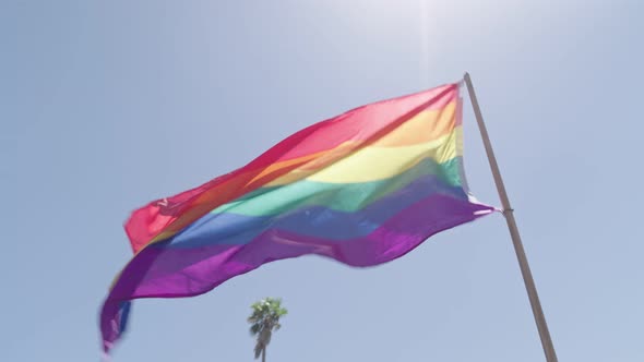 Slow motion of people waving the LGBTQ rainbow flag during a pride parade in a city streets