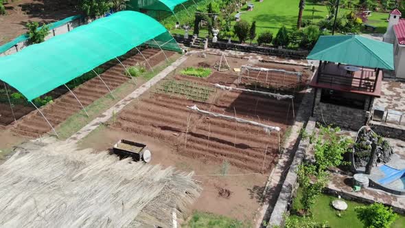 Aerial View Of Allotments On Farmland. Pedestal Down