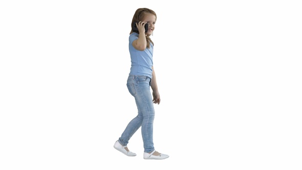 Little girl talk phone and walking on white background.