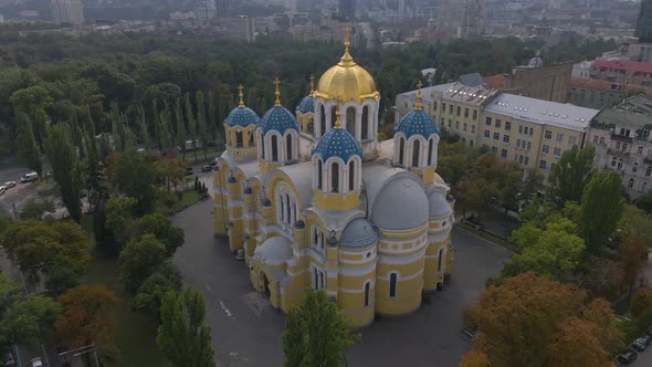 Aerial Footage of the Beautiful Cathedral with Blue and Gold Domes Kyiv