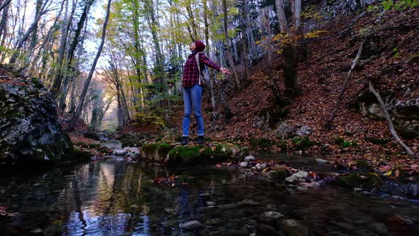 Woman Hiking in Autumn Sunny Woodland