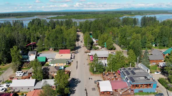 4K Drone Video of Main Street of Talkeetna, Alaska during Sunny Summer Morning