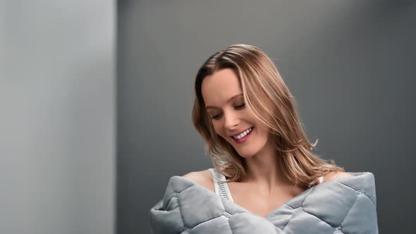 Portrait Morning Woman Posing in Wrapped Blanket Isolated