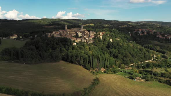 Aerial, Little Medieval Town In Tuscany, San Casciano Dei Bagni, Italy On A Sunny Day