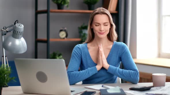 Portrait Woman Office Worker Relaxing Stress Free Practicing Yoga Harmony Balance at Business Work