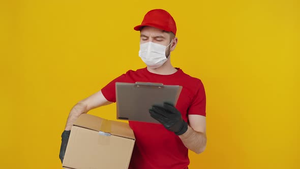 Puzzled Delivery Man with Parcel Box and Clipboard Looking Around Searching Person to Deliver Orange