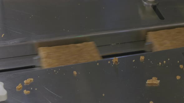 Small flapjack slicese at speed along a production line along a conveyor system in a food factory