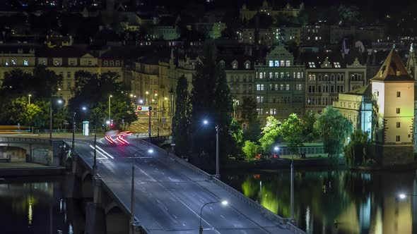 Jirasek Bridge on the Vltava River Night Timelapse in Prague Czech Republic