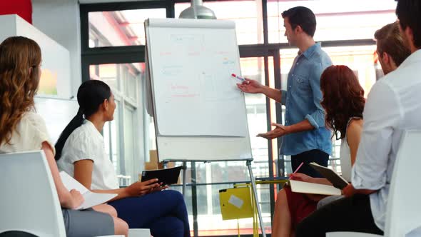 Man discussing design on white board with colleagues during a meeting