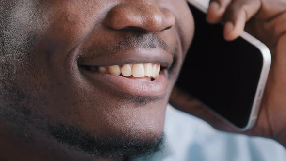 Close Up Unrecognizable Male Face African American Man Young Guy Businessman Talk By Cellphone Make