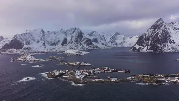 Hamnoy Village and Mountains in Winter, Lofoten Islands, Norway, Aerial View