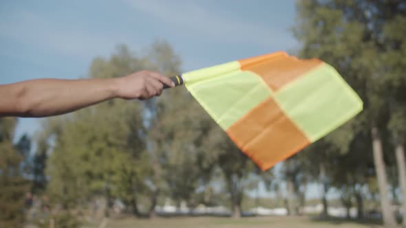 Linesman Raising Flag for Offside in Soccer Game