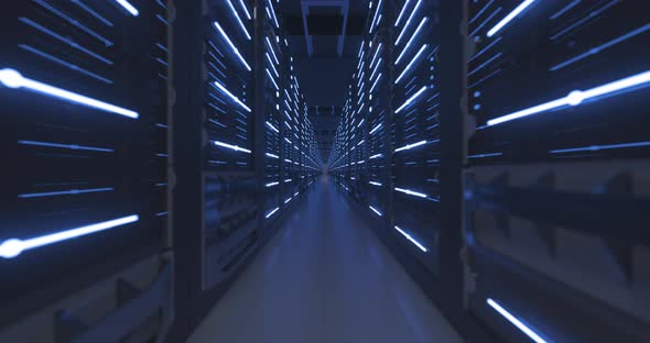 Data Center Computer Racks In Network Security Server Room or Cryptocurrency Mining Farm
